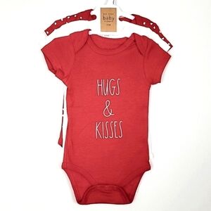 Rae Dunn Baby 3 Onesies Large Letters Red  White Print 100% Cotton Size 6-9M